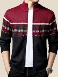 Sune | Strikcardigan med mønster - Vinrød krave