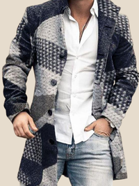 Emil | Lang mønstret frakke - Patchwork blå/grå